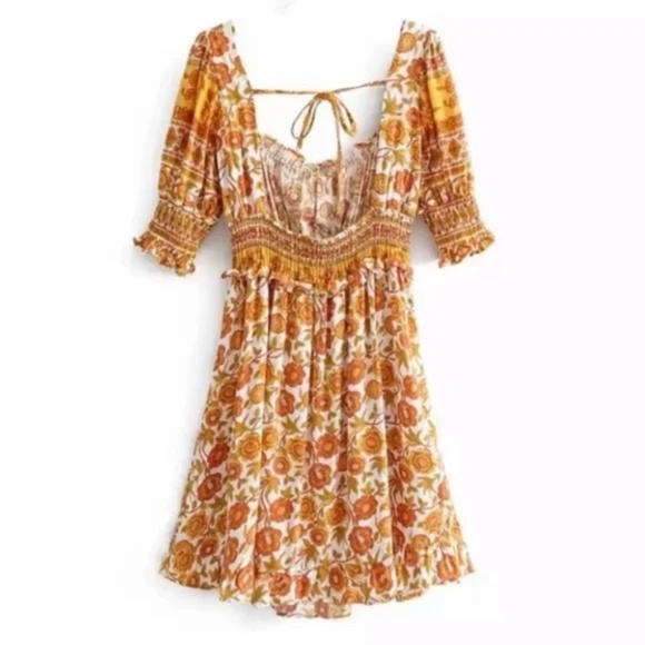 Bohemian Floral Retro Smocked Mini Dress - Picture 8 of 8